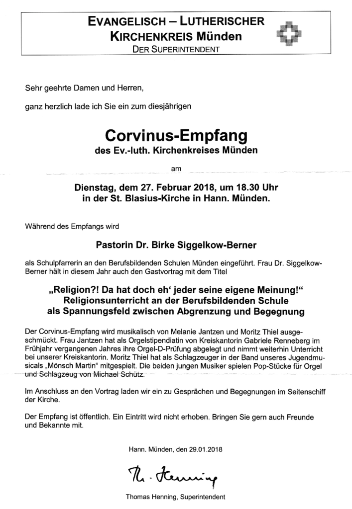 Corvinus-Empfang! Musik & Vortrag über Religionsunterricht an der Berufsbildenden Schule