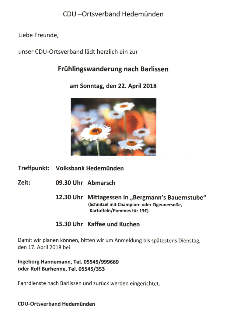 Frühlingswanderung nach Barlissen – CDU Hedemünden lädt ein zum 22.04.2018