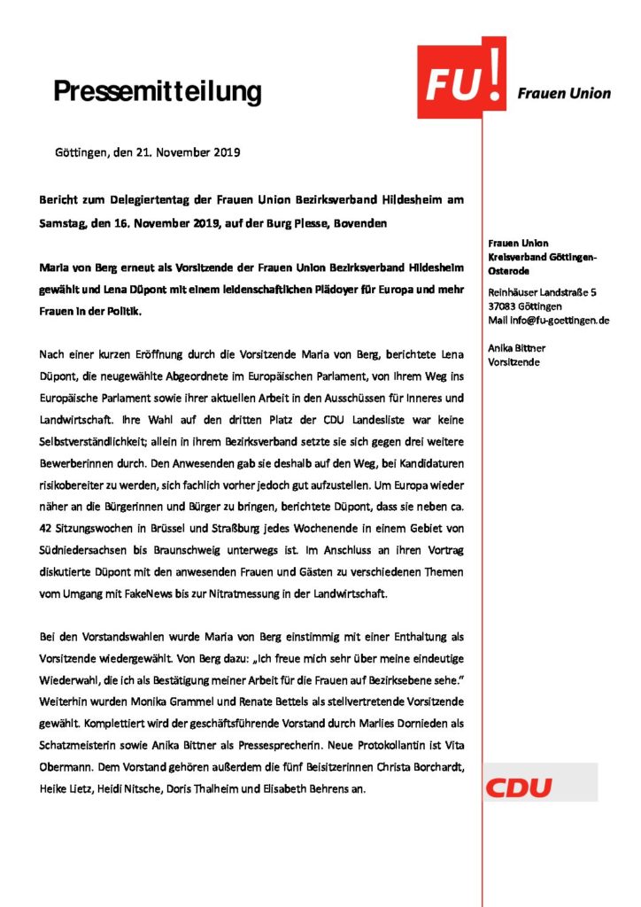 Bericht zum Delegiertentag der Frauen Union Bezirksverband Hildesheim am Samstag, den 16. November 2019, auf der Burg Plesse, Bovenden